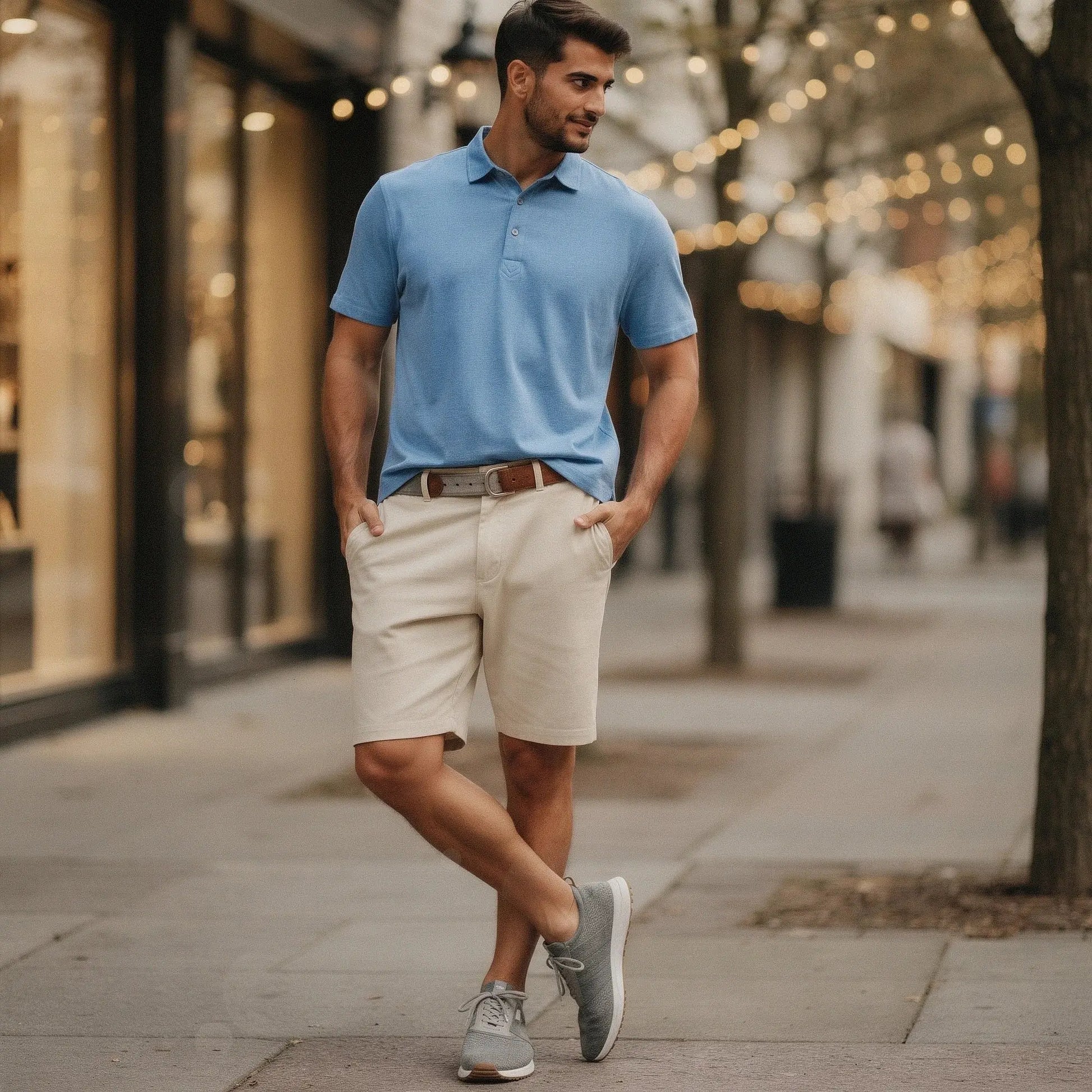 View of a slim fit short sleeve polo shirt in light grey, featuring a V neck and soft cotton material