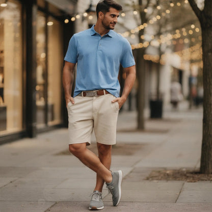 View of a slim fit short sleeve polo shirt in light grey, featuring a V neck and soft cotton material