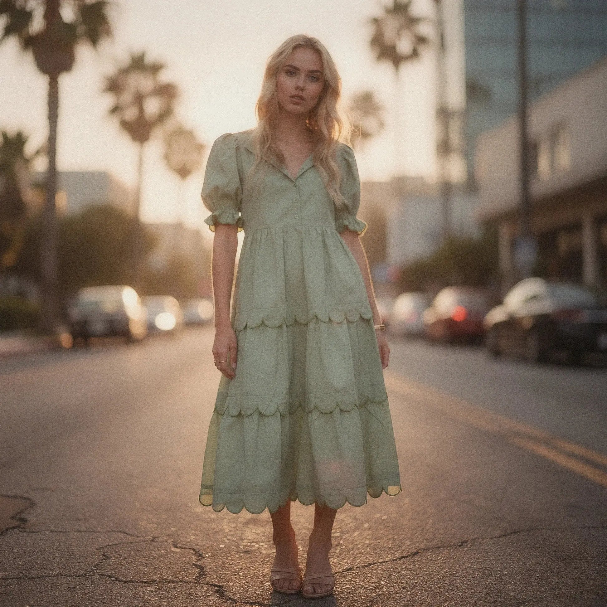 View of a flowy A line midi dress in soft fabric, featuring a round neckline and delicate floral pattern
