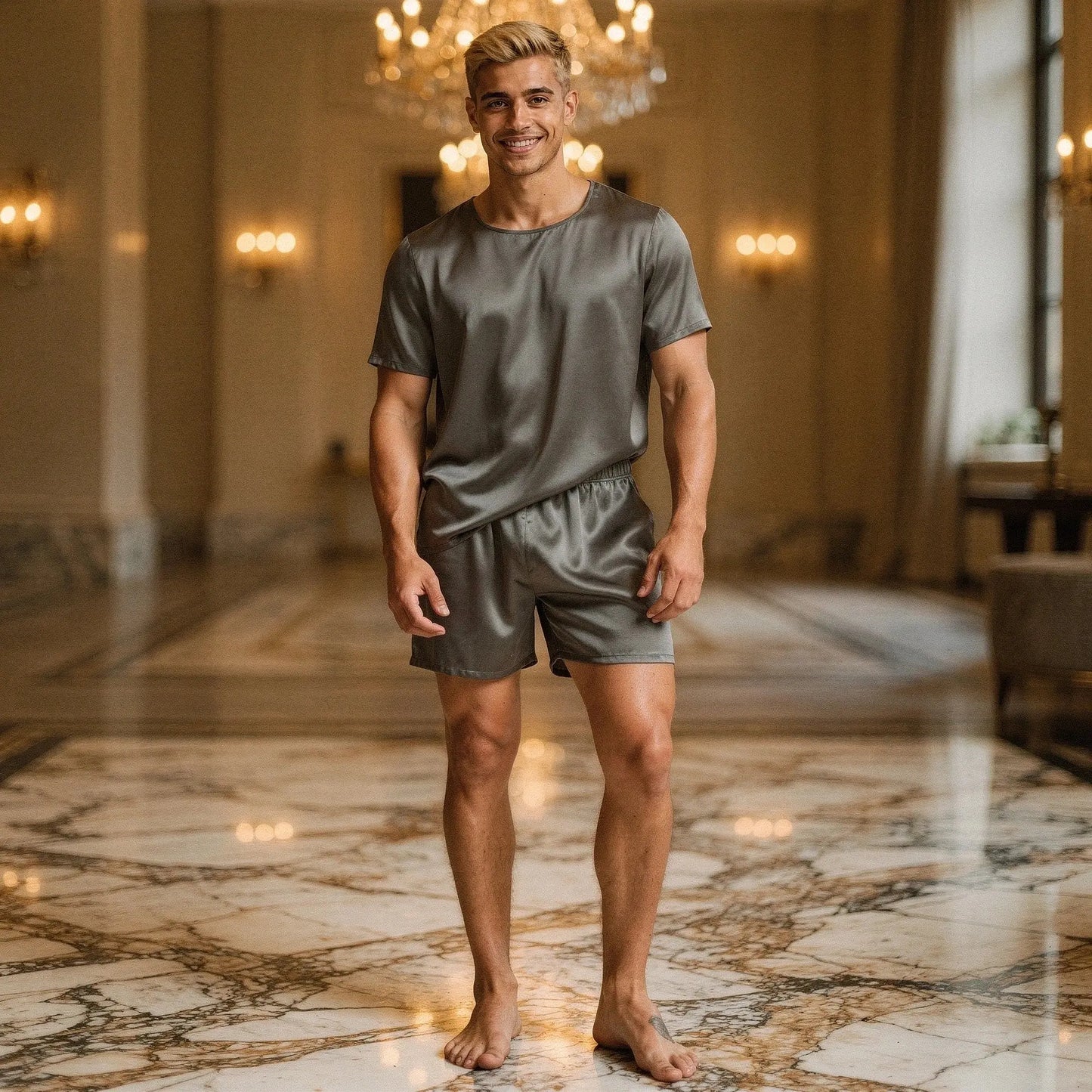 View of a relaxed fit short sleeve round neck pajama set in soft cotton, featuring a comfortable waistband and casual shorts