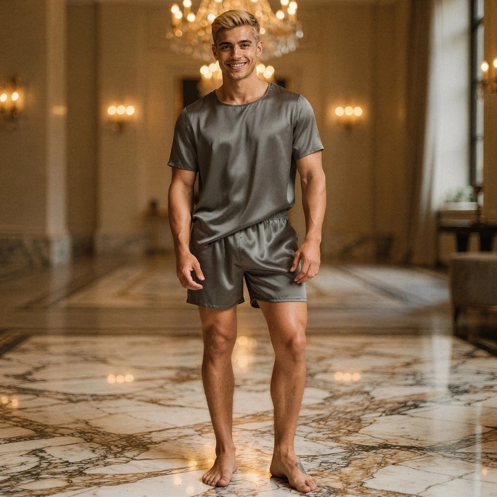 View of a relaxed fit short sleeve round neck pajama set in soft cotton, featuring a comfortable waistband and casual shorts