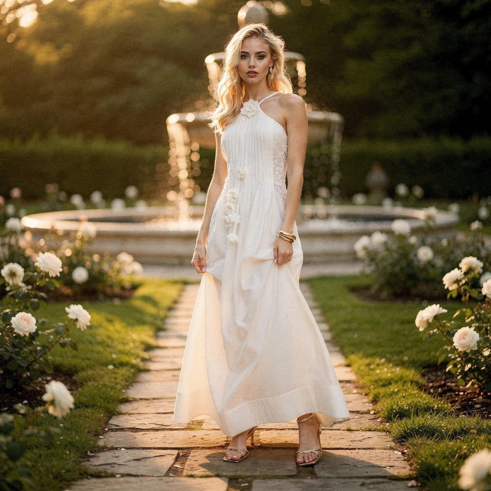 View of a relaxed fit halter maxi dress in soft fabric, featuring a flowing skirt and elegant neckline, perfect for summer occasions