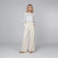 View of relaxed fit high waist wide leg casual pants in soft beige fabric, perfect for spring wear