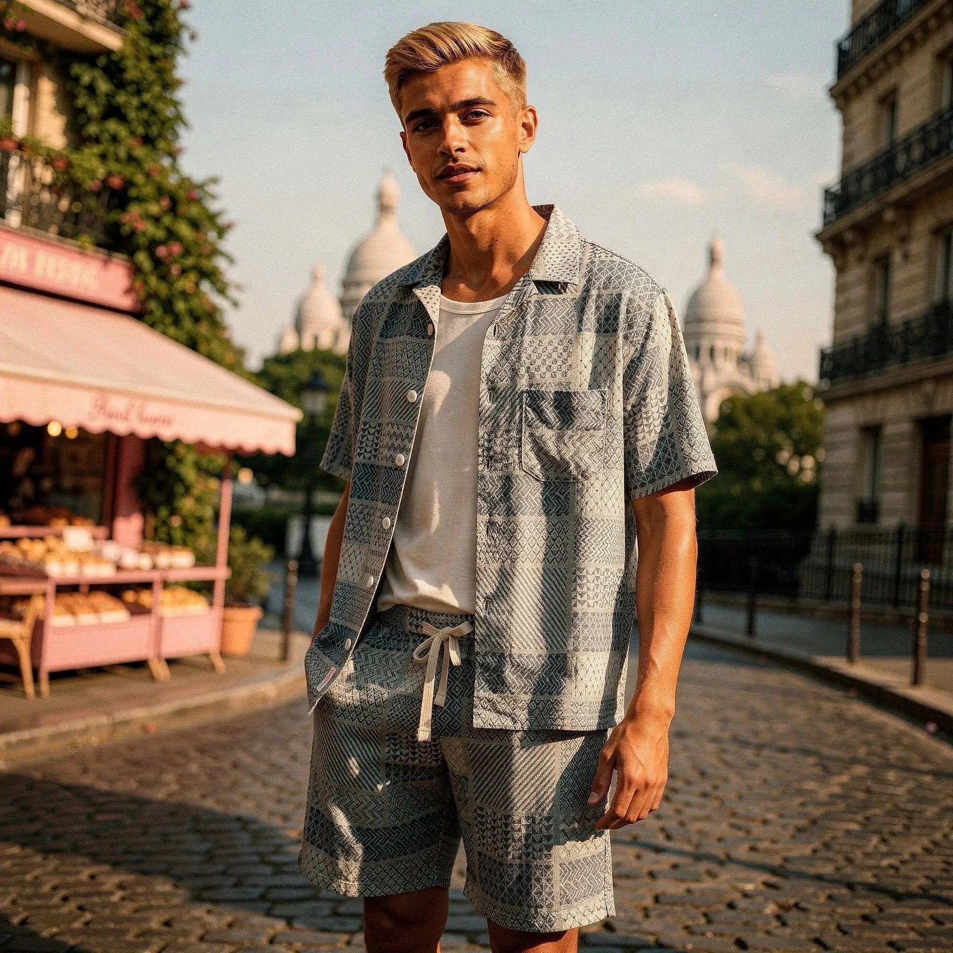 Light blue short sleeve button up resort shirt featuring a relaxed fit, collar, and subtle texture, view