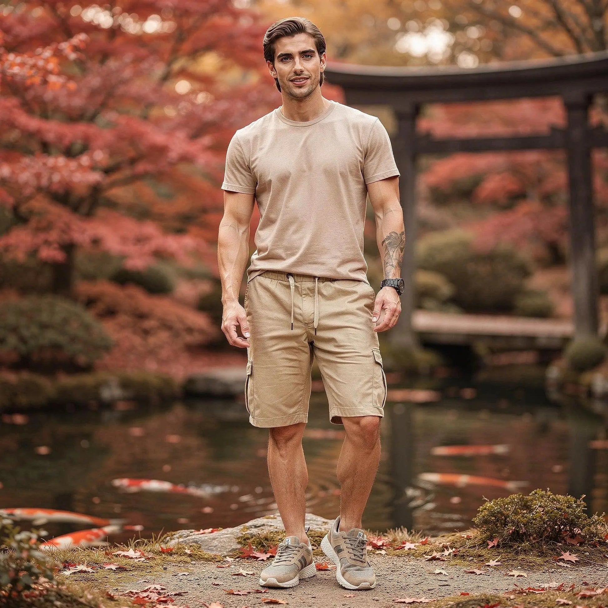View of relaxed fit baggy cargo shorts in khaki, featuring a drawstring waist and multiple pockets