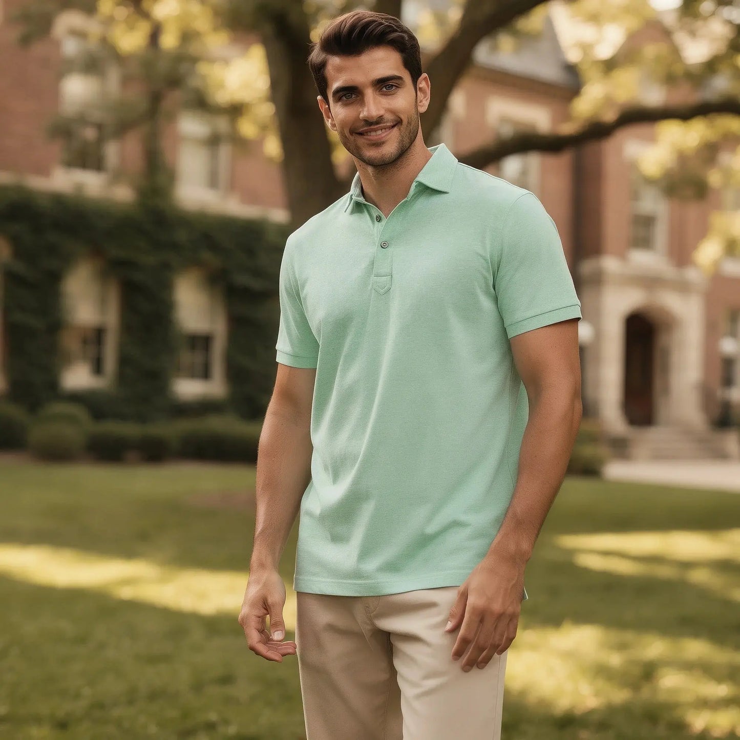 View of a navy blue slim fit short sleeve polo shirt featuring a V neck and soft cotton material
