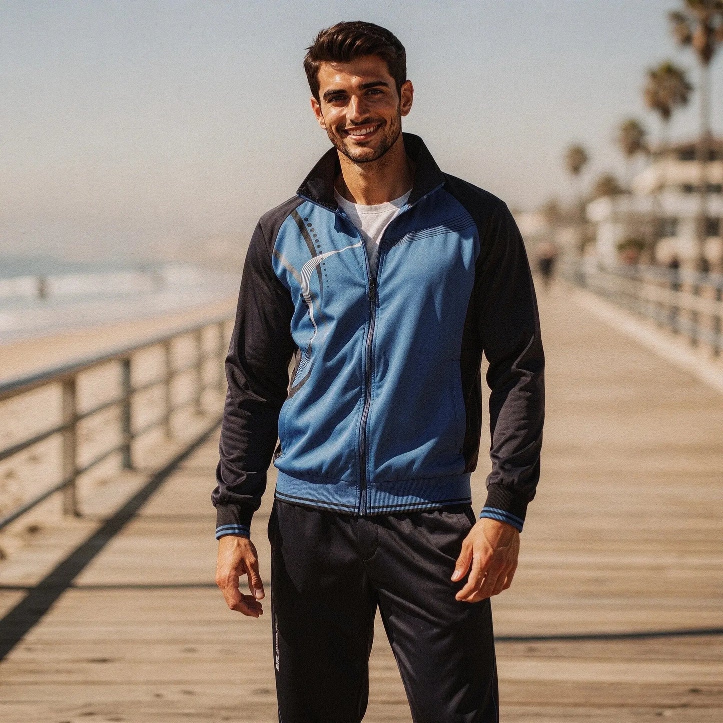 View of a relaxed fit crew neck short sleeve sportswear set in light gray, made