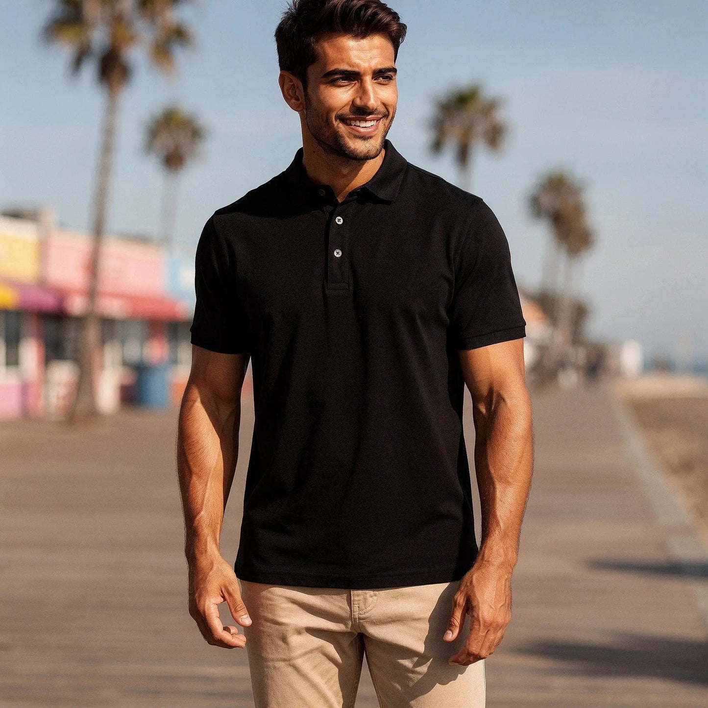 View of a navy blue slim fit short sleeve polo shirt featuring a V neck and soft cotton material