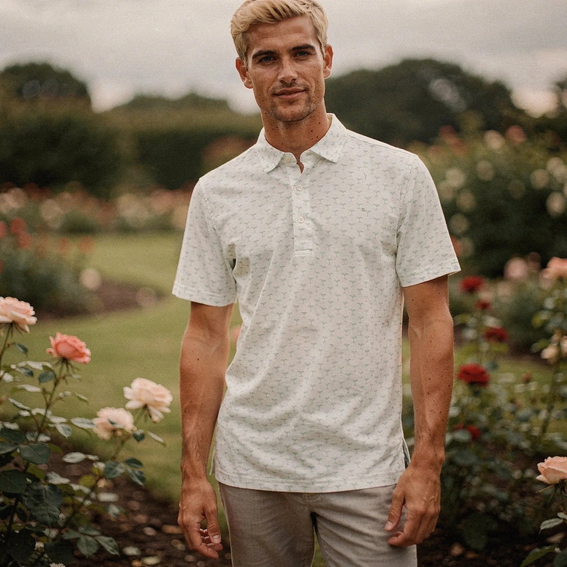 View of a light blue short sleeve polo shirt made of soft cotton, featuring a relaxed crew neck and subtle stitching