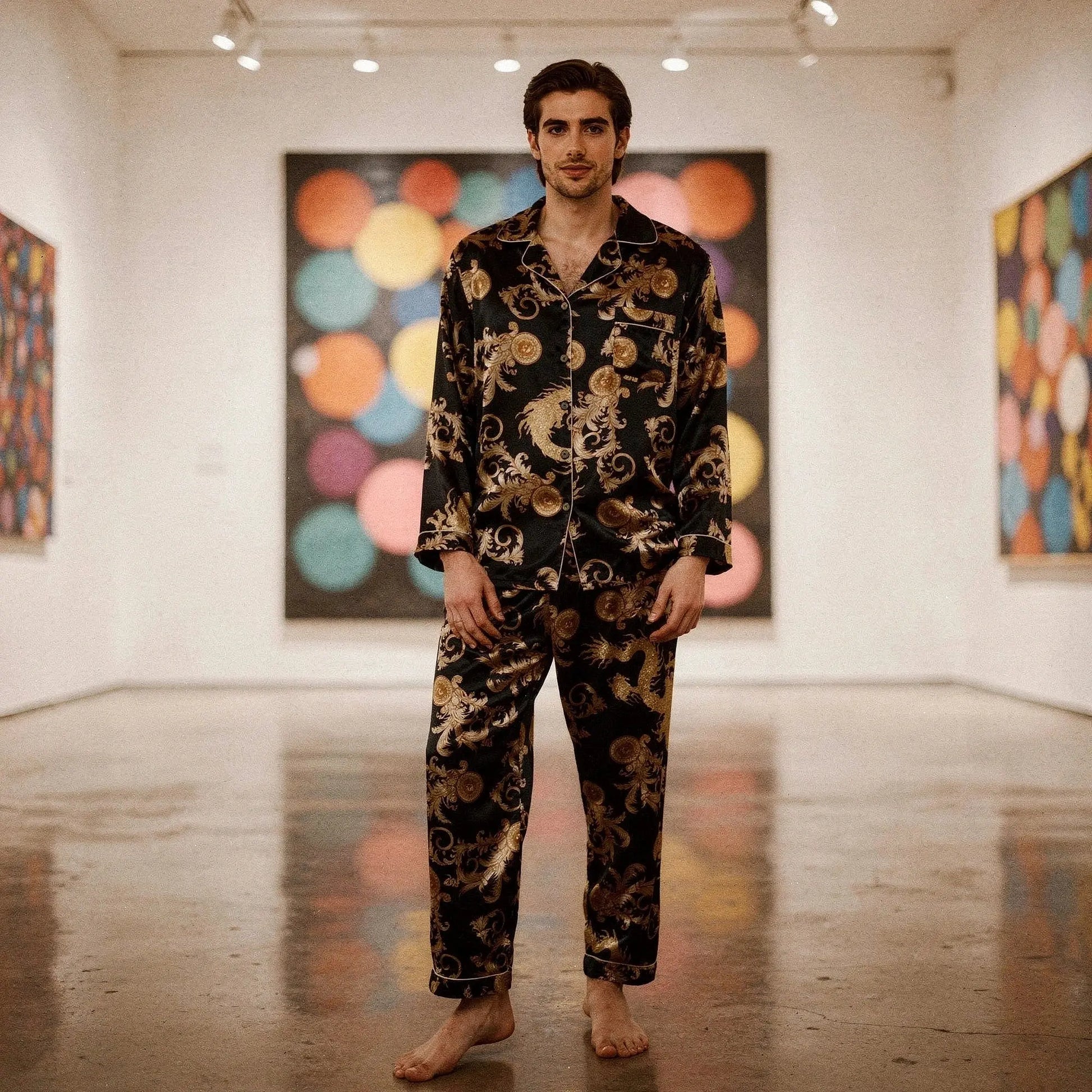 View of a relaxed fit long sleeve pajama set in soft silk, featuring a notch collar and deep navy color