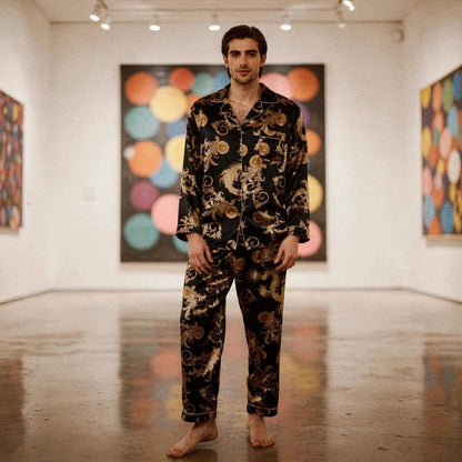 View of a relaxed fit long sleeve pajama set in soft silk, featuring a notch collar and deep navy color