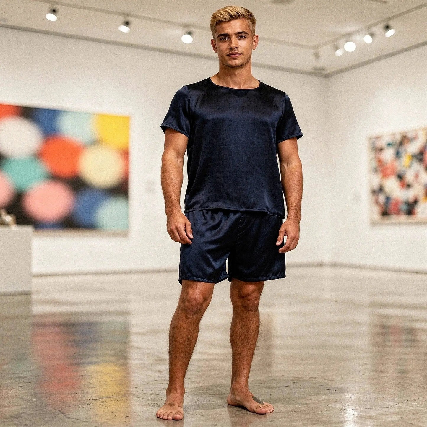 View of a relaxed fit short sleeve round neck pajama set in soft cotton, featuring a comfortable waistband and matching shorts