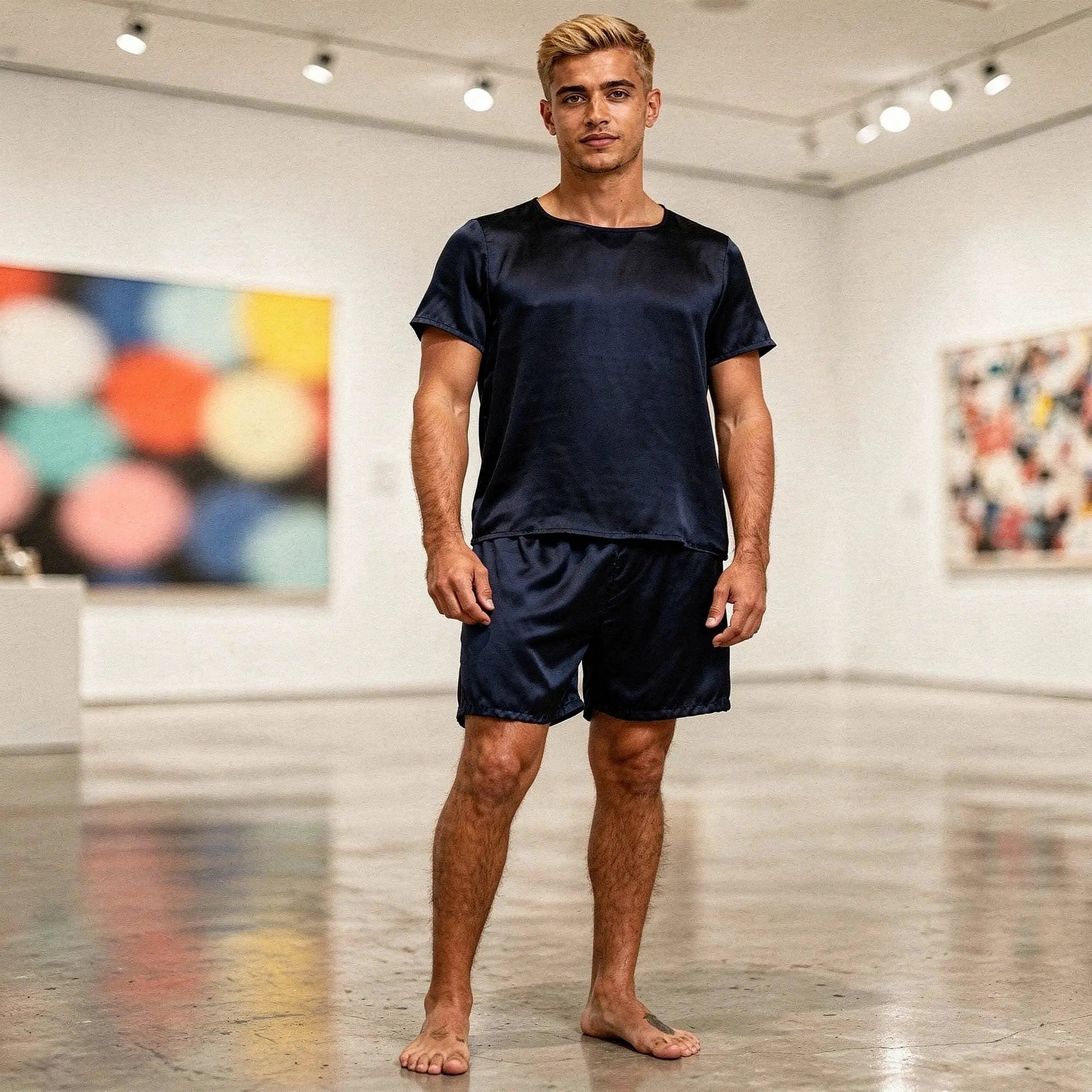 View of a relaxed fit short sleeve round neck pajama set in soft cotton, featuring a comfortable waistband and matching shorts