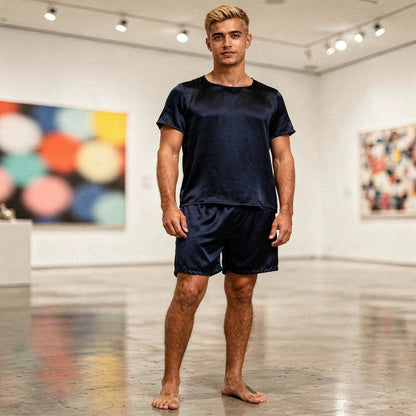 View of a relaxed fit short sleeve round neck pajama set in soft cotton, featuring a comfortable waistband and matching shorts