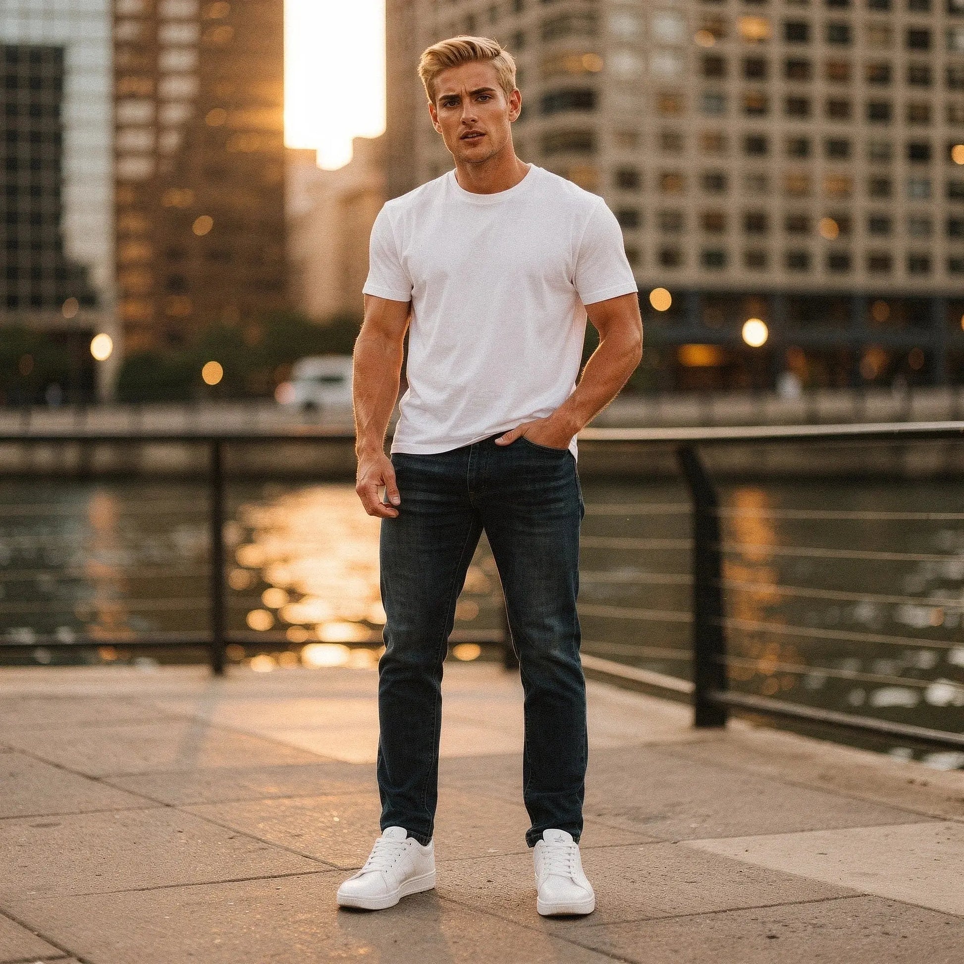 View of mid blue jeans featuring an athletic fit and stretch material, suitable for casual everyday wear