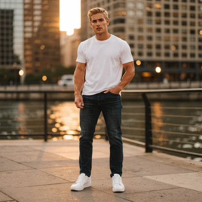 View of mid blue jeans featuring an athletic fit and stretch material, suitable for casual everyday wear