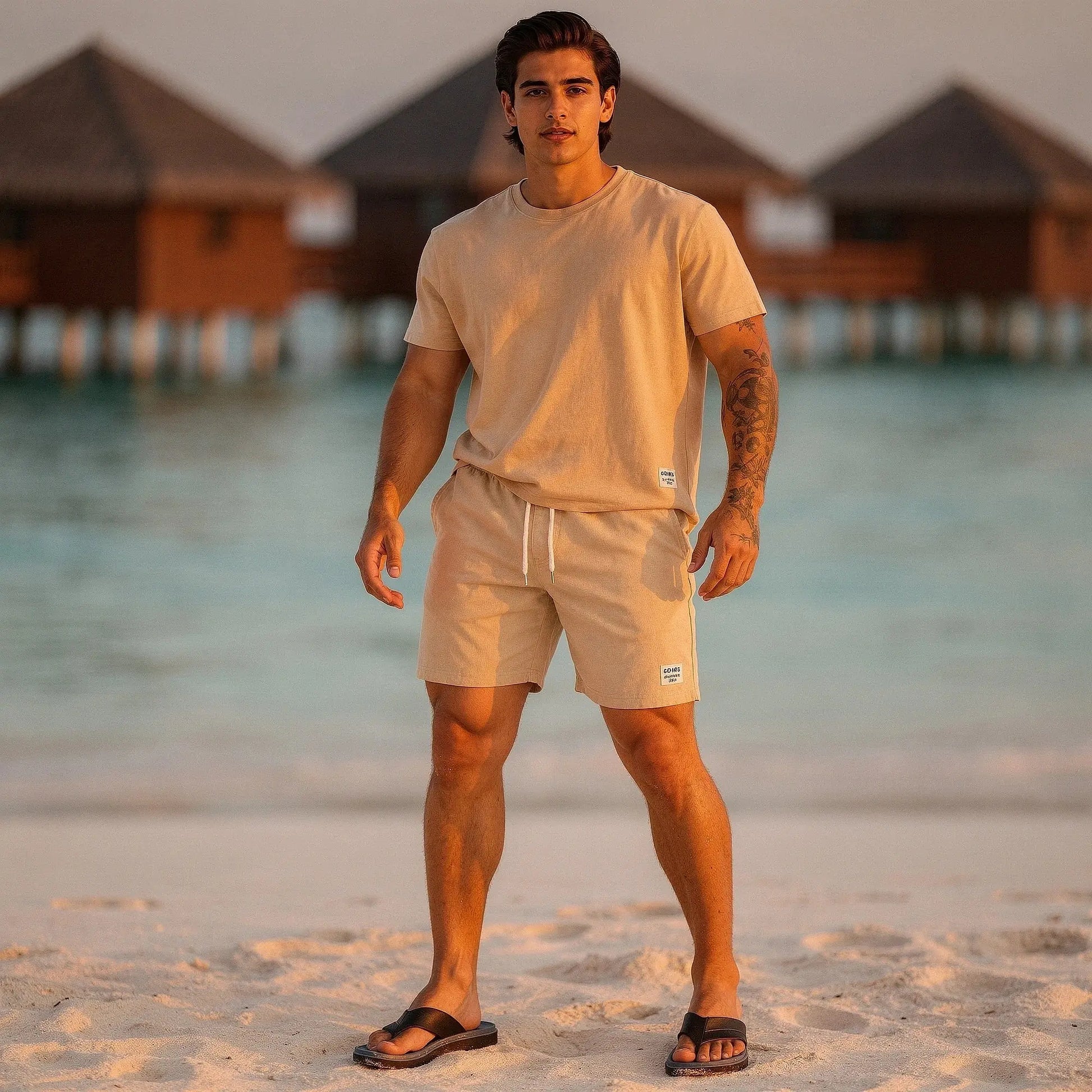 View of relaxed fit men's summer shorts in light beige corduroy, featuring a drawstring waist and pockets