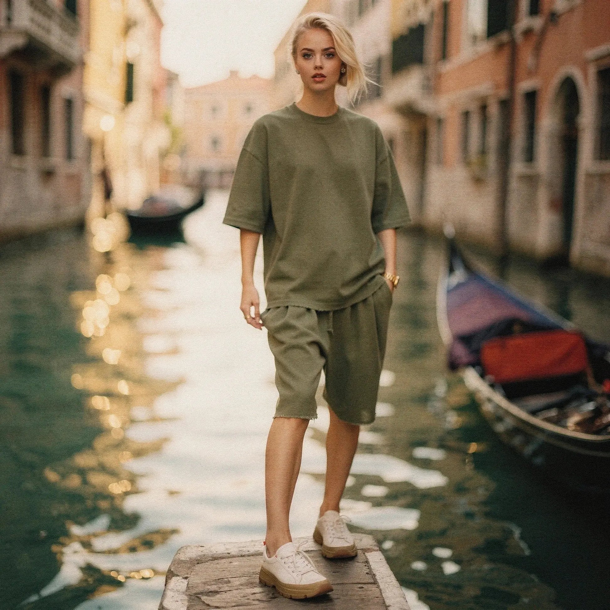 View of a relaxed fit crew neck midi dress in soft cotton, featuring short sleeves and a flowing silhouette in a light pastel color