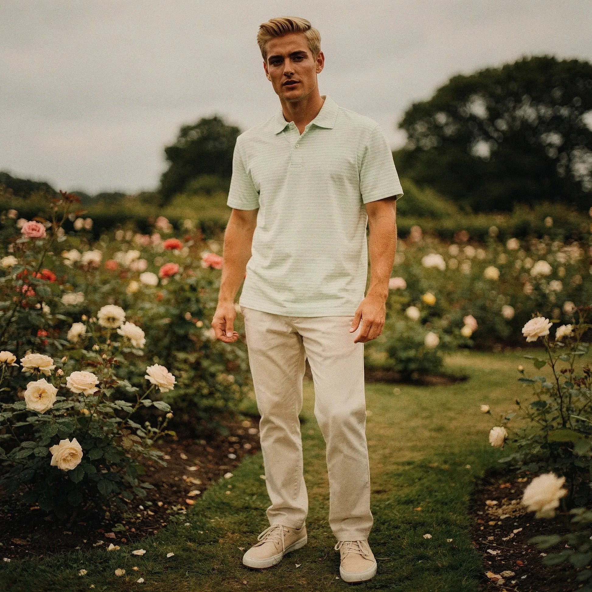 View of a slim fit crew neck short sleeve polo in light blue, showcasing soft fabric and a subtle texture