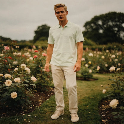 View of a slim fit crew neck short sleeve polo in light blue, showcasing soft fabric and a subtle texture