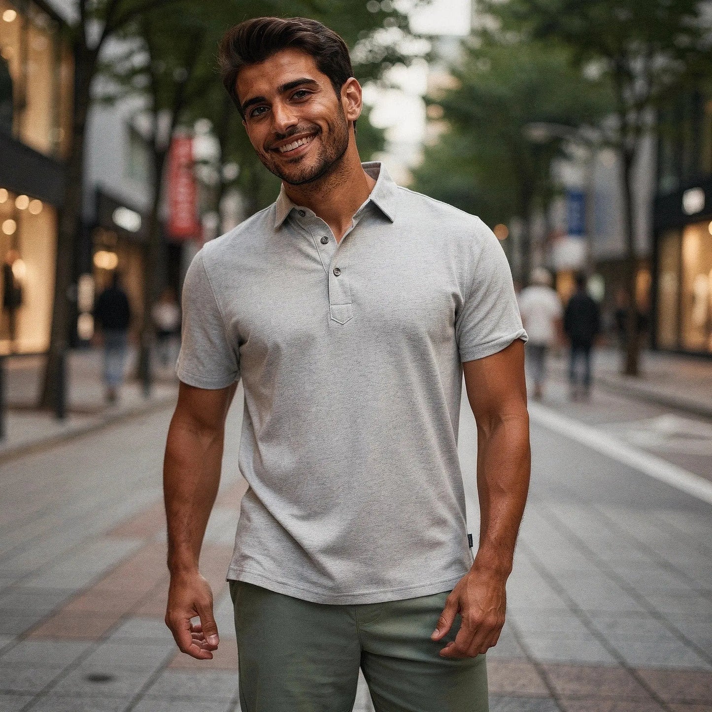 View of a slim fit short sleeve v neck polo shirt in light gray, featuring soft cotton fabric and a casual style