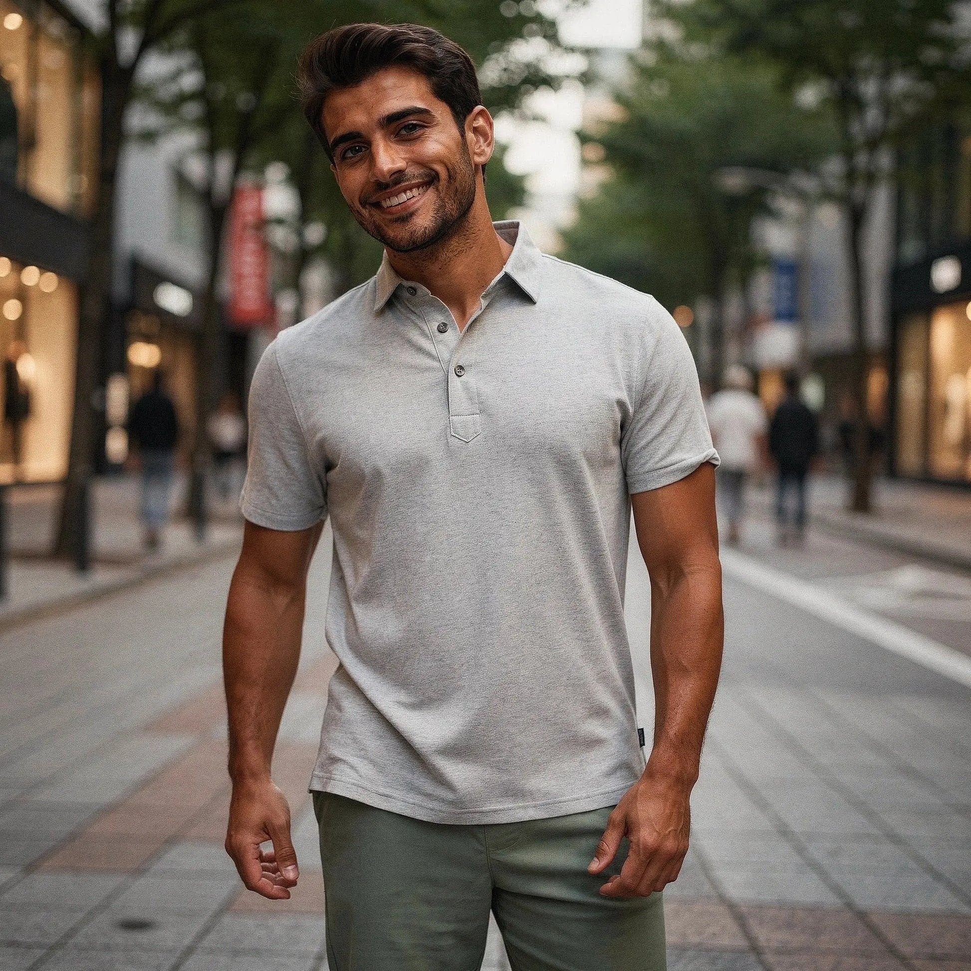 View of a slim fit short sleeve v neck polo shirt in light gray, featuring soft cotton fabric and a casual style