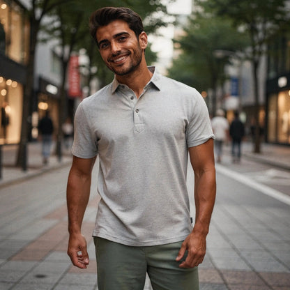 View of a slim fit short sleeve v neck polo shirt in light gray, featuring soft cotton fabric and a casual style