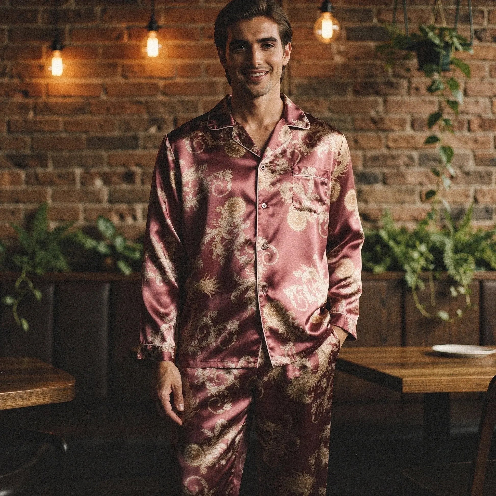 View of relaxed fit long sleeve silk pajamas set in deep navy blue with notch collar and button closure