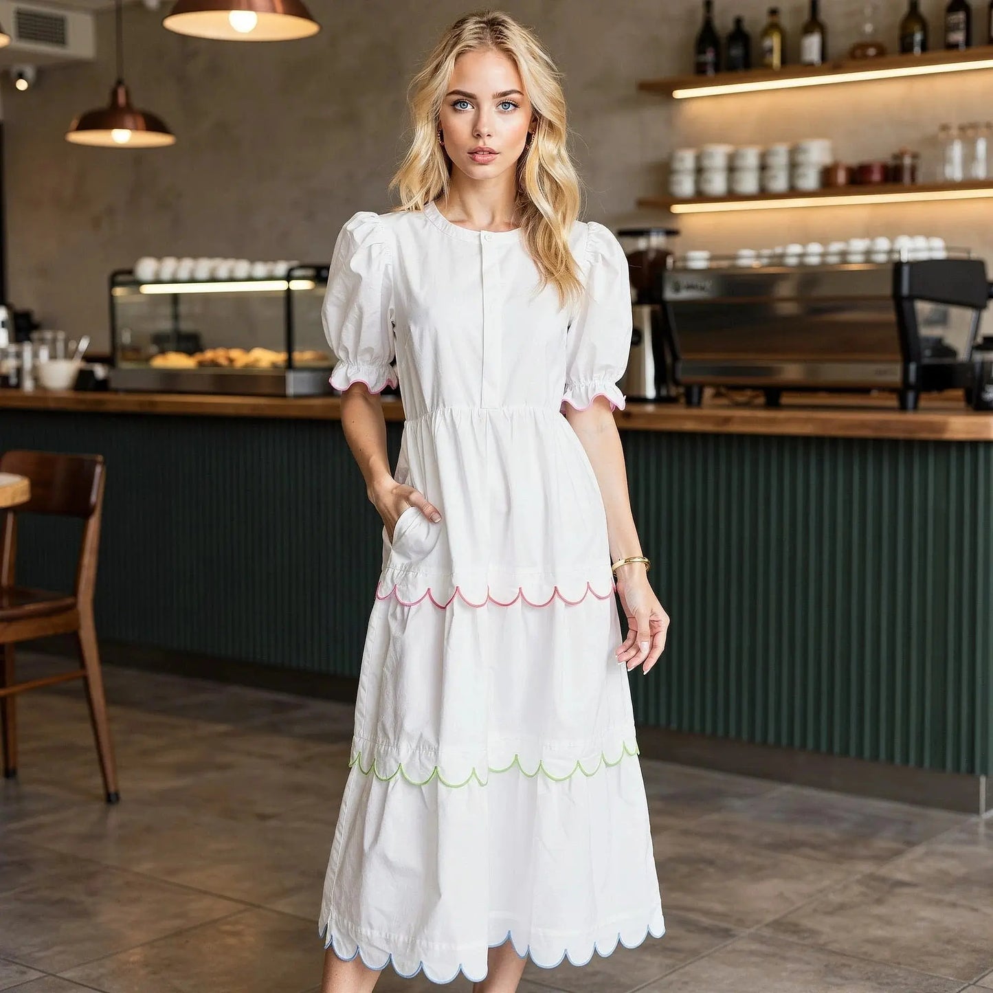 View of a flowy A line midi dress in soft fabric, featuring a round neck and a vibrant floral pattern