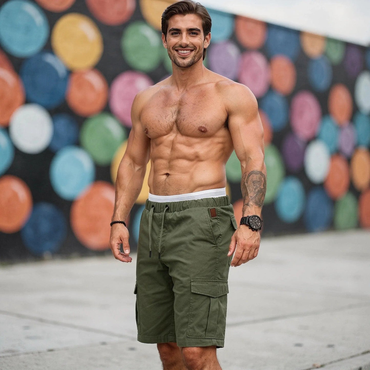View of relaxed fit baggy cargo shorts in olive green fabric, featuring a drawstring waist and multiple pockets