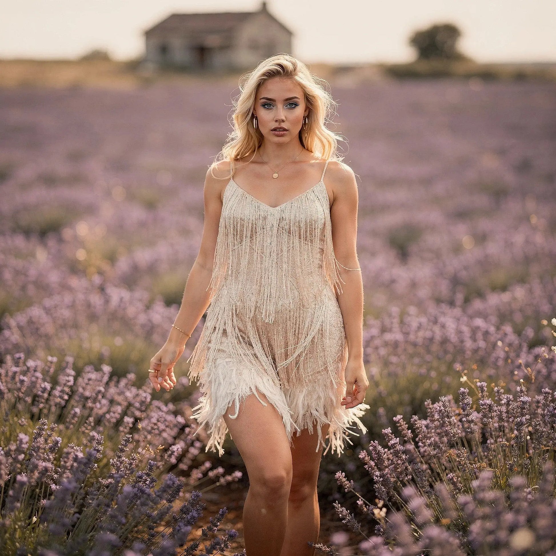 View of a fitted V neck midi cocktail dress in deep red, featuring delicate fringe feathers along the hem