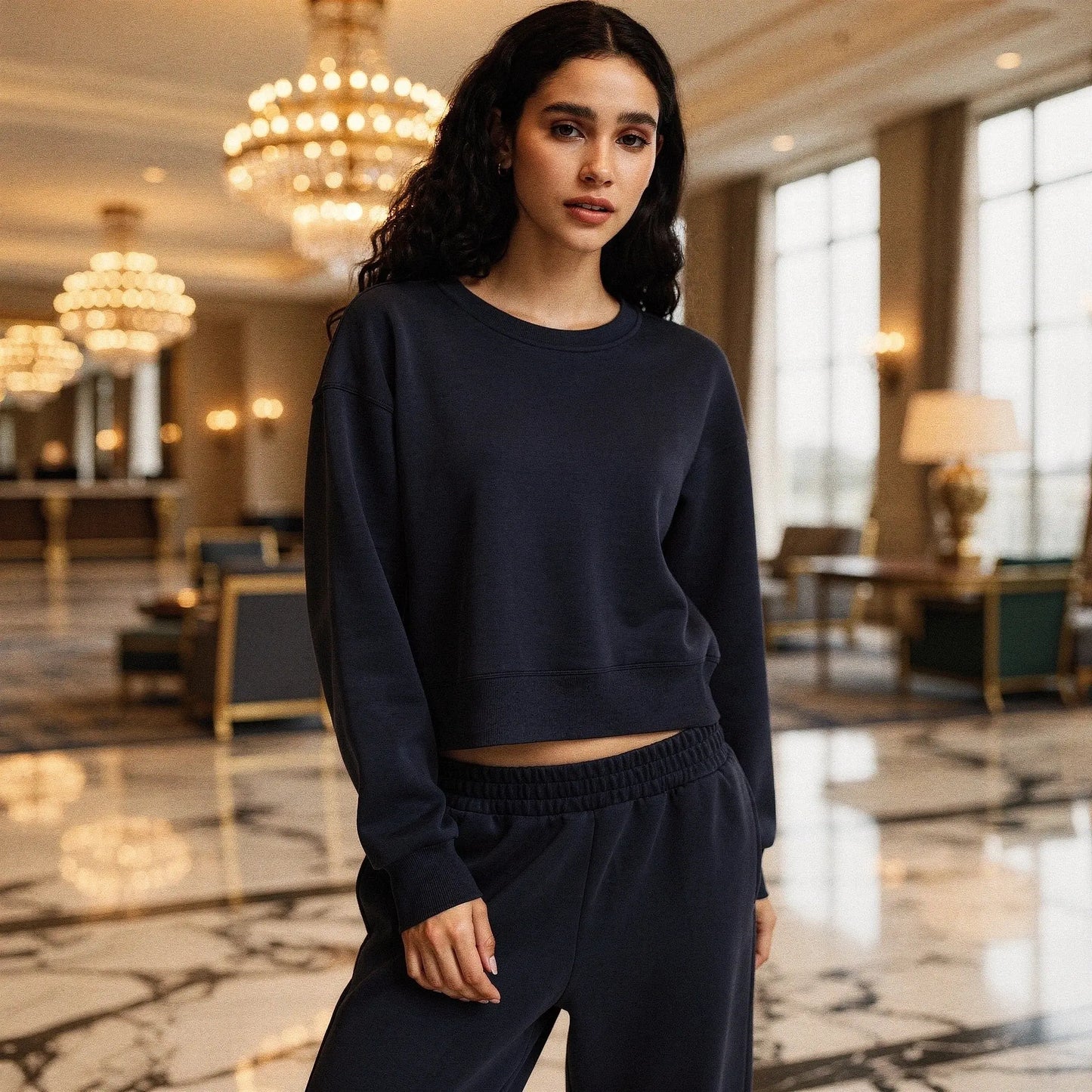 Light gray relaxed fit crew neck sweatshirt with long sleeves and soft cotton blend, view showcasing texture and stitching