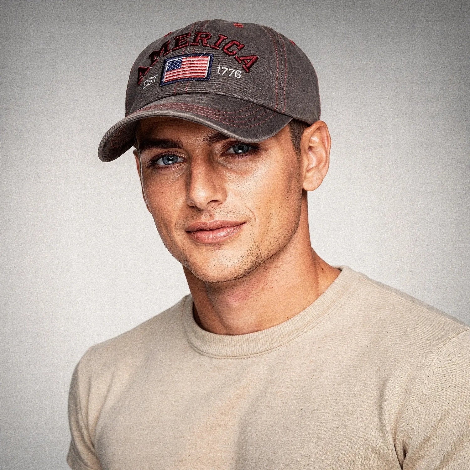 View of a vintage washed denim snapback hat with a relaxed fit and adjustable strap