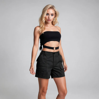 View of relaxed fit cargo mini shorts in light beige, featuring multiple pockets and a comfortable waistband, perfect for summer outings