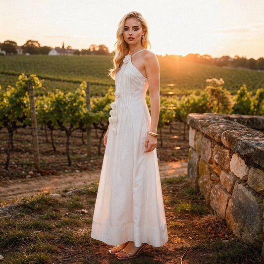 View of a relaxed fit halter maxi dress in soft fabric, featuring a floral pattern and flowing skirt
