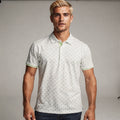 View of a relaxed fit crew neck short sleeve casual golf polo in light blue, made of breathable cotton fabric