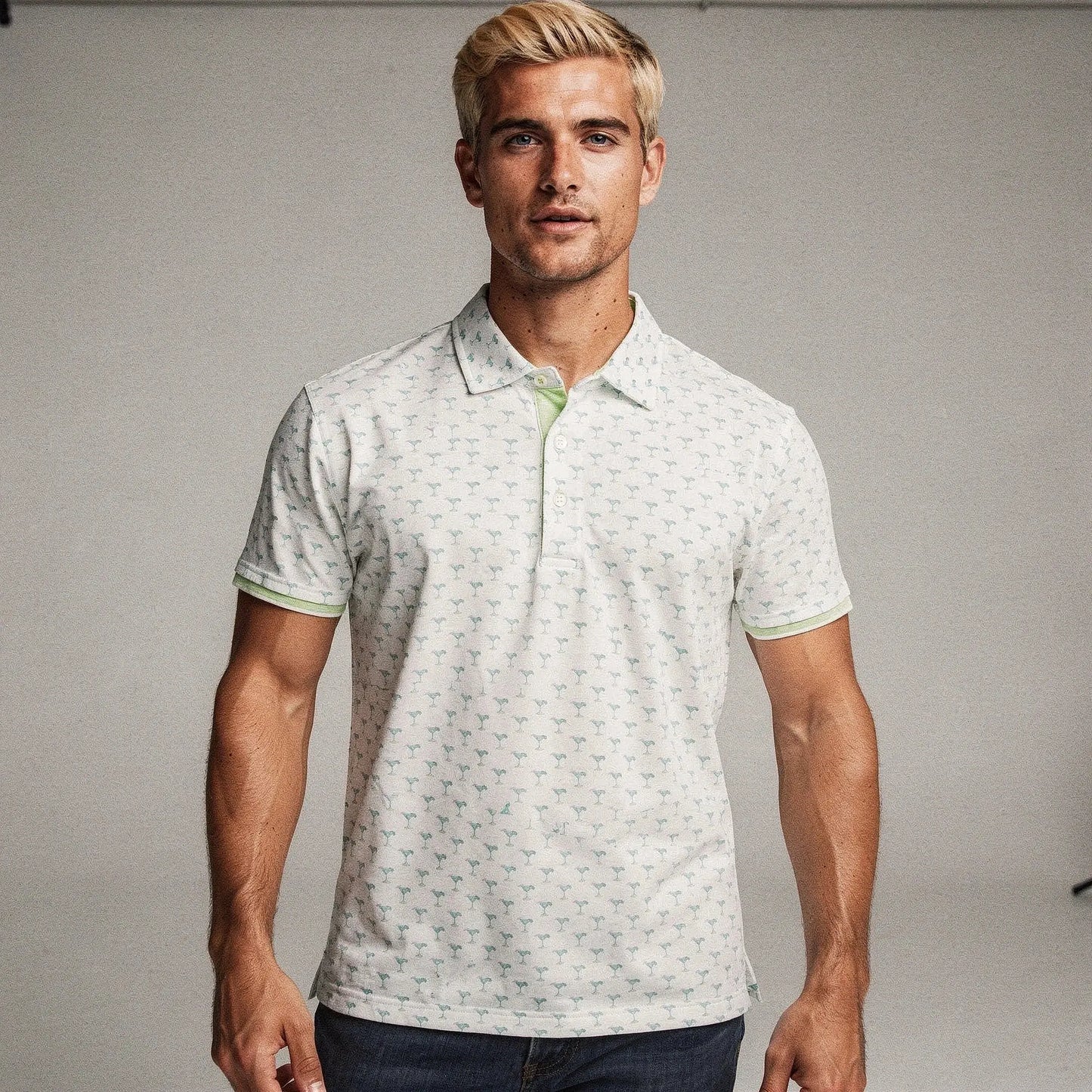 View of a relaxed fit crew neck short sleeve casual golf polo in light blue, made of breathable cotton fabric