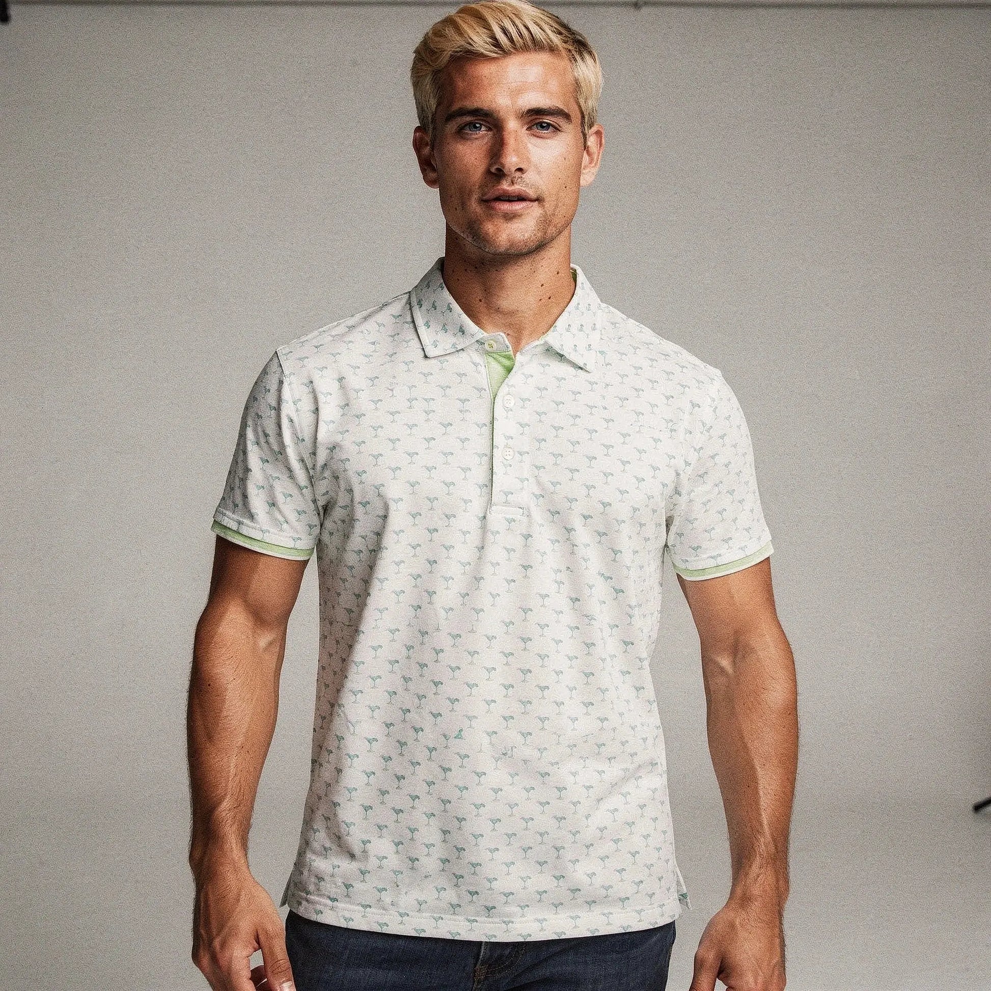 View of a relaxed fit crew neck short sleeve casual golf polo in light blue, made of breathable cotton fabric
