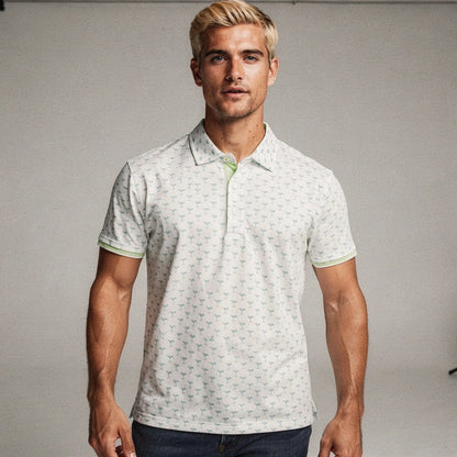 View of a relaxed fit crew neck short sleeve casual golf polo in light blue, made of breathable cotton fabric