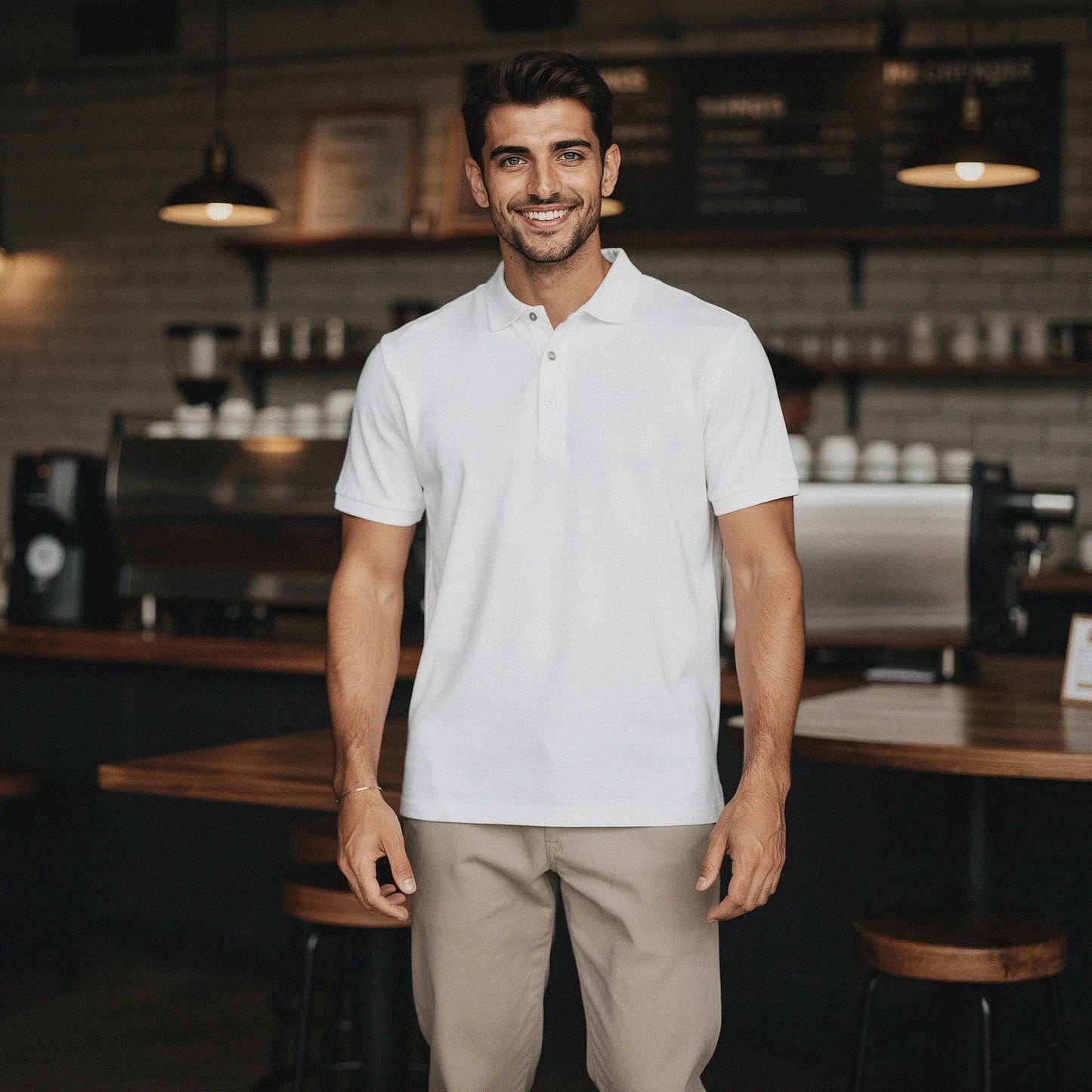 View of a navy blue men's slim fit short sleeve polo shirt featuring a V neck and soft cotton material
