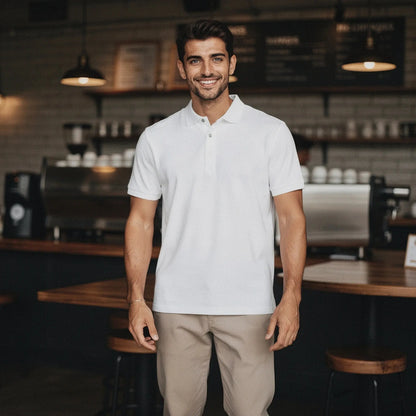 View of a navy blue men's slim fit short sleeve polo shirt featuring a V neck and soft cotton material