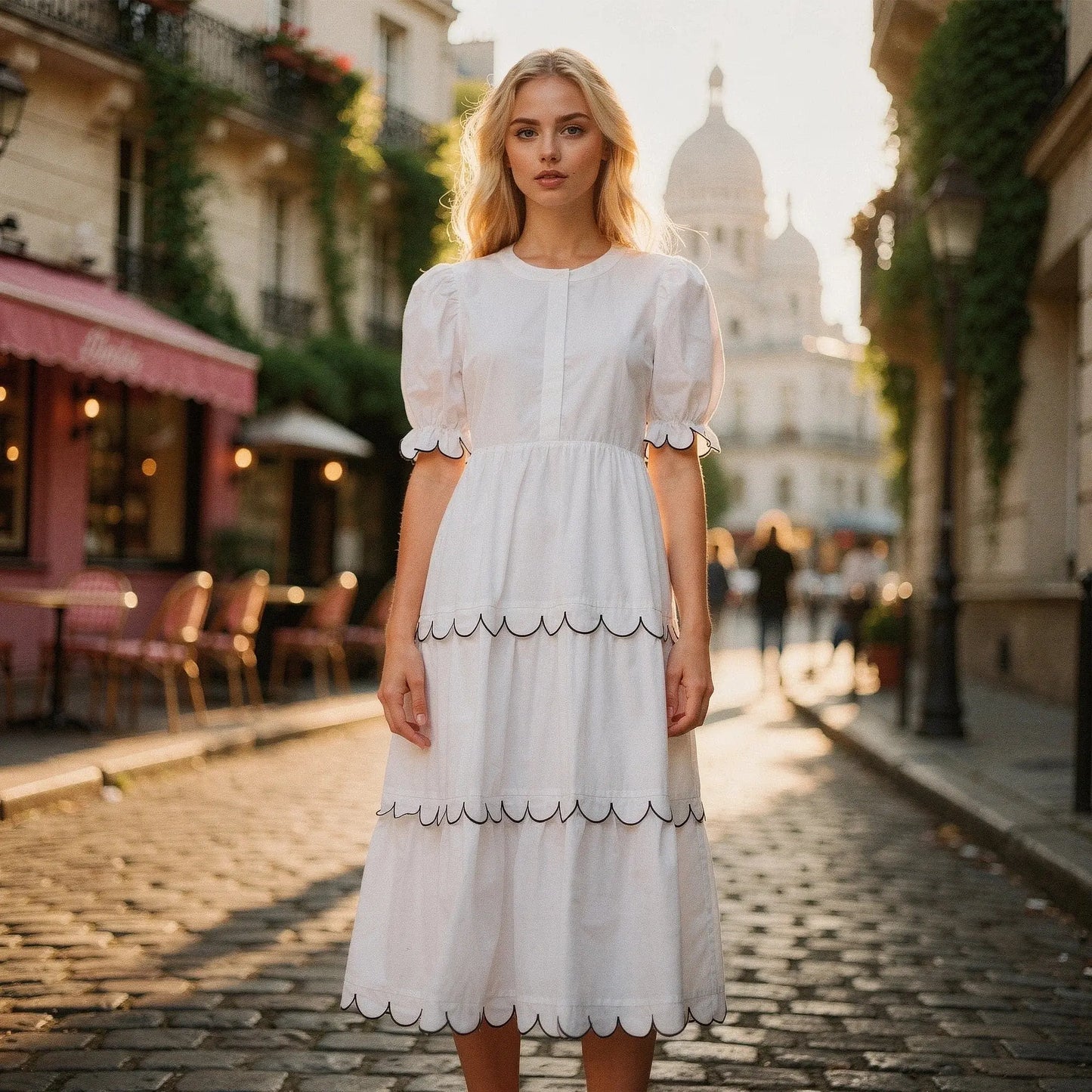 View of a flowy A line midi dress in soft fabric, featuring a round neck and vibrant floral pattern, perfect for summer