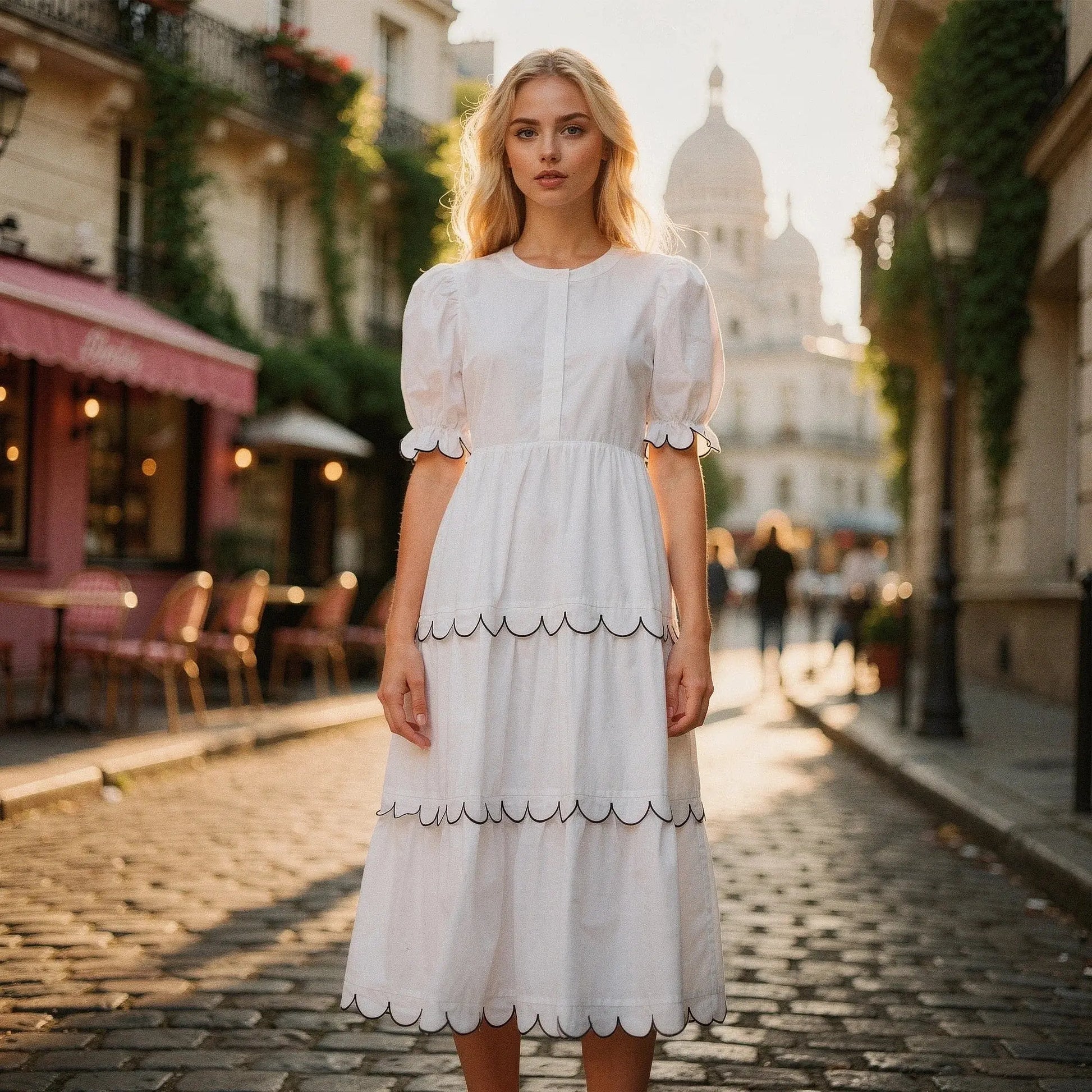 View of a flowy A line midi dress in soft fabric, featuring a round neck and vibrant floral pattern, perfect for summer