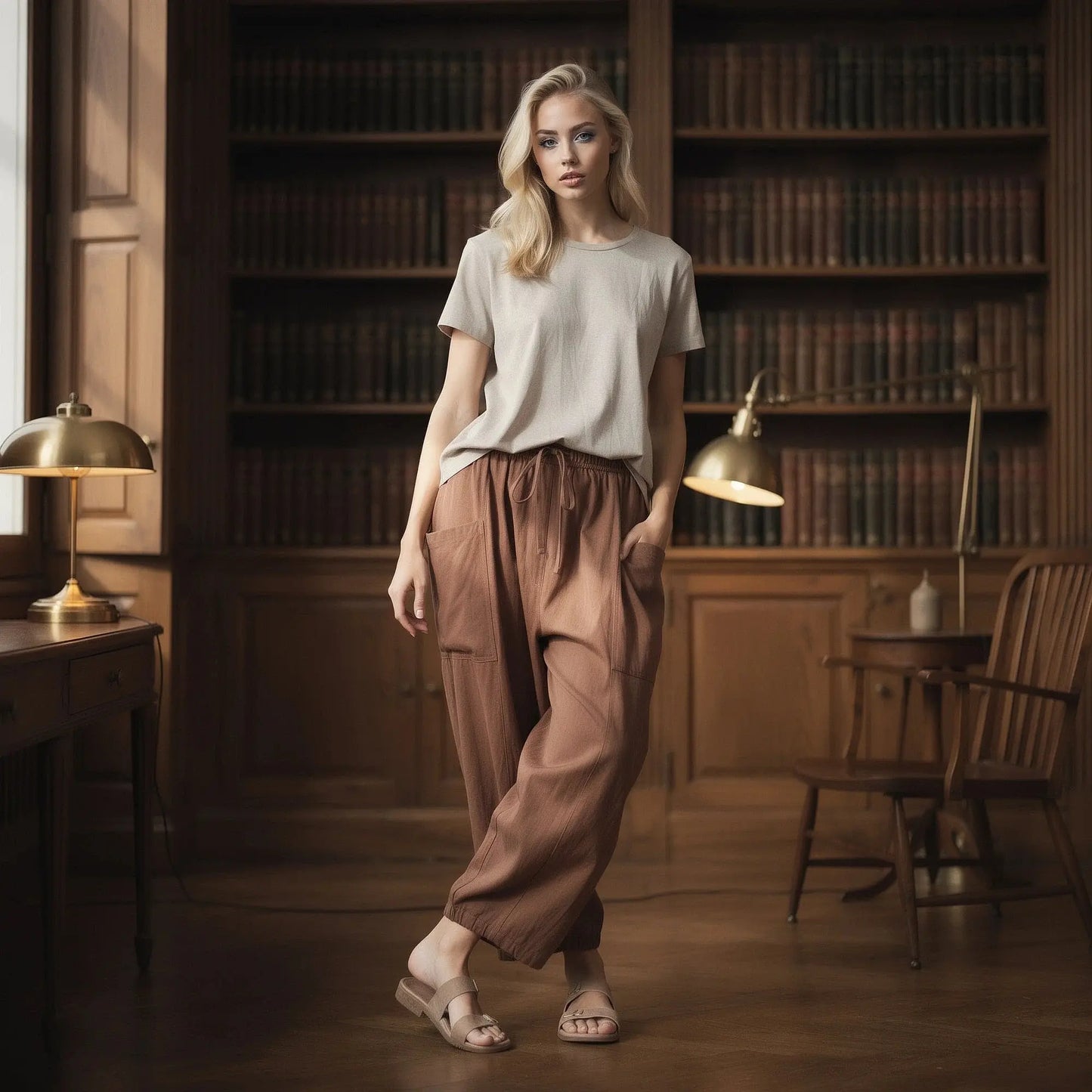 View of relaxed fit high rise wide leg comfort pants in soft beige fabric, showcasing the waistband and pocket design