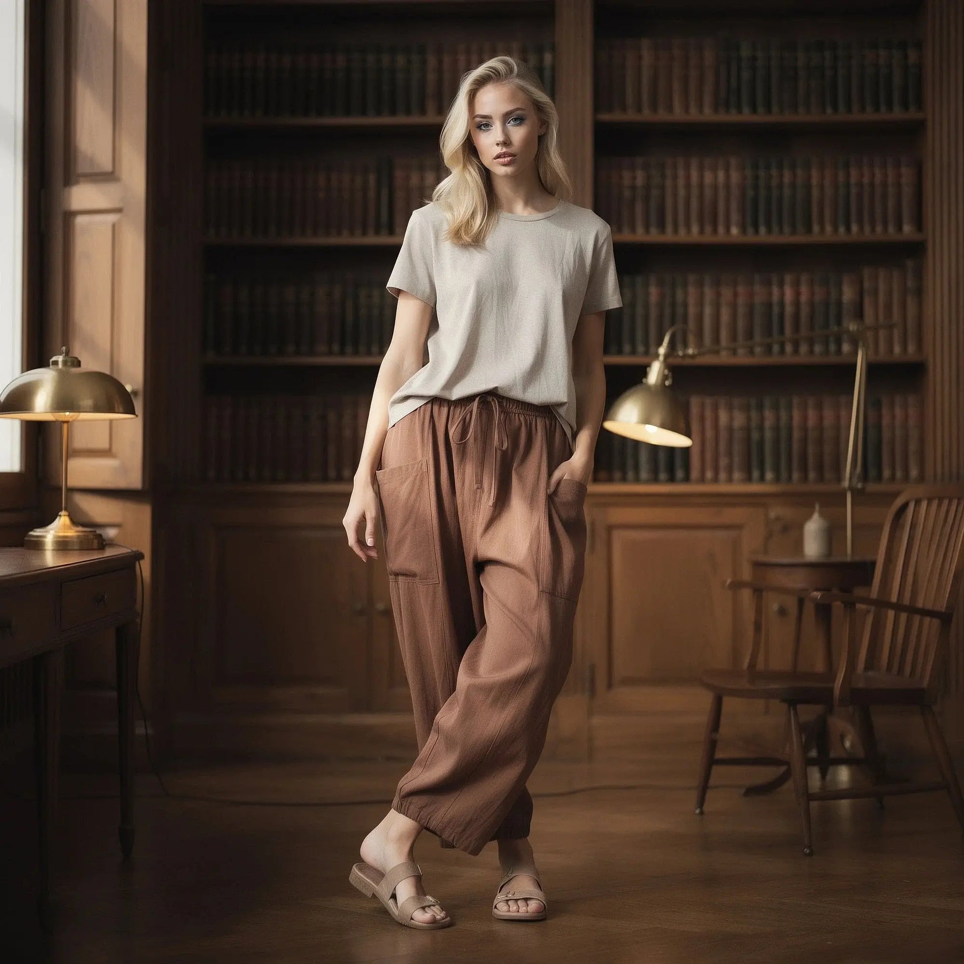 View of relaxed fit high rise wide leg comfort pants in soft beige fabric, showcasing the waistband and pocket design