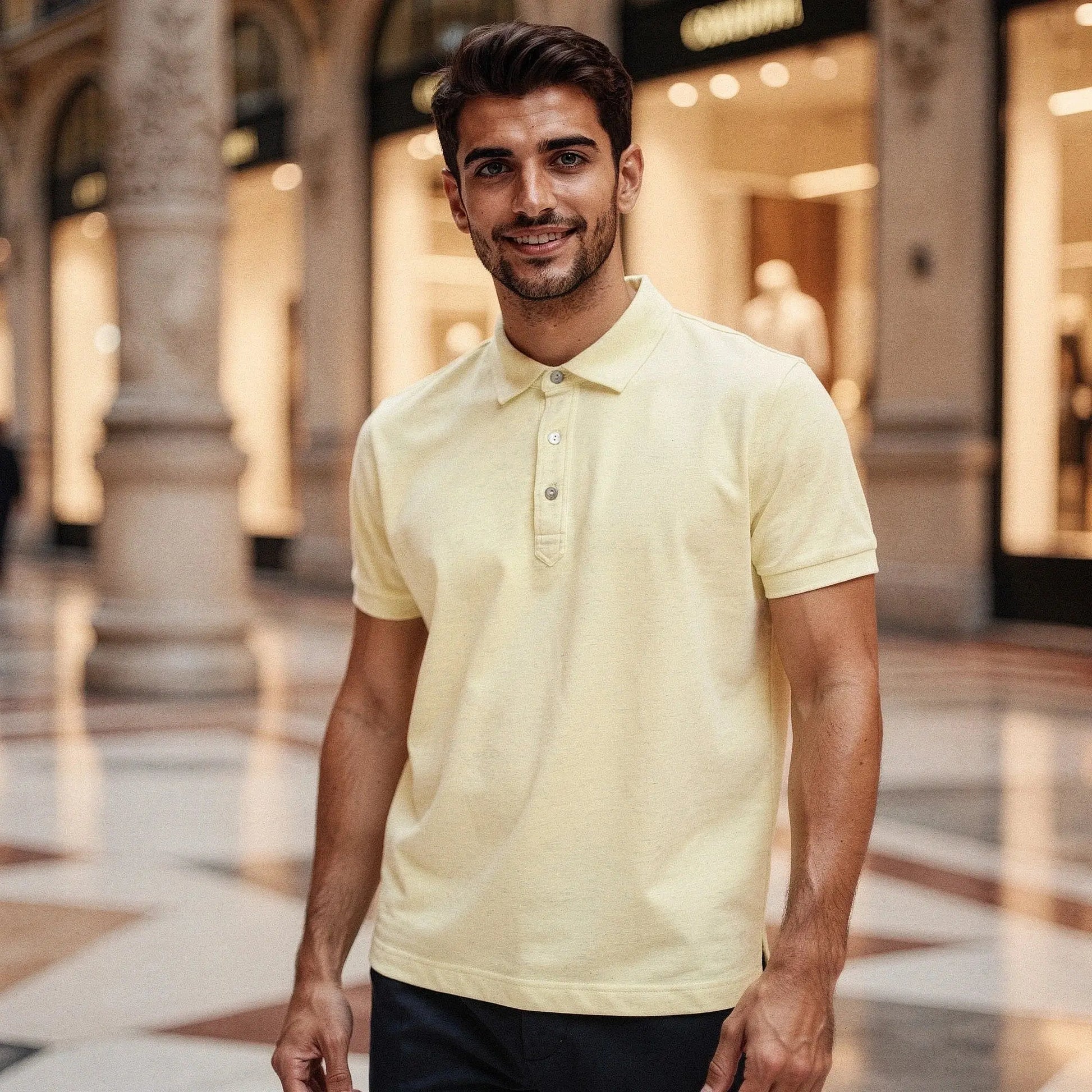 View of a slim fit short sleeve v neck polo shirt in light gray, featuring soft cotton material and a smooth finish