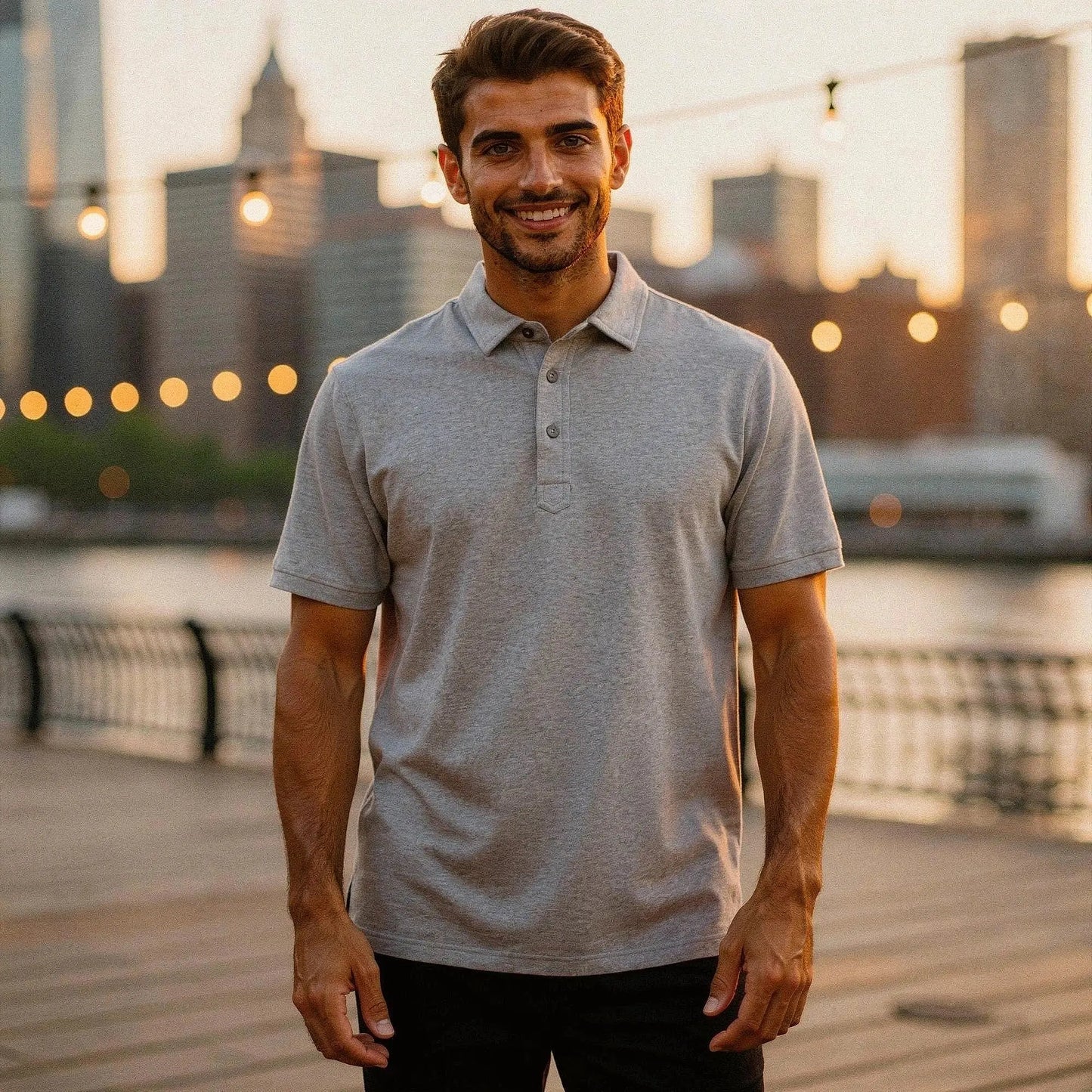 View of a navy blue slim fit short sleeve polo shirt featuring a V neck and soft cotton material
