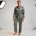 View of a relaxed fit long sleeve pajama set in pure silk, featuring a notch collar and soft, smooth texture in a rich color