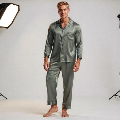 View of a relaxed fit long sleeve pajama set in pure silk, featuring a notch collar and soft, smooth texture in a rich color