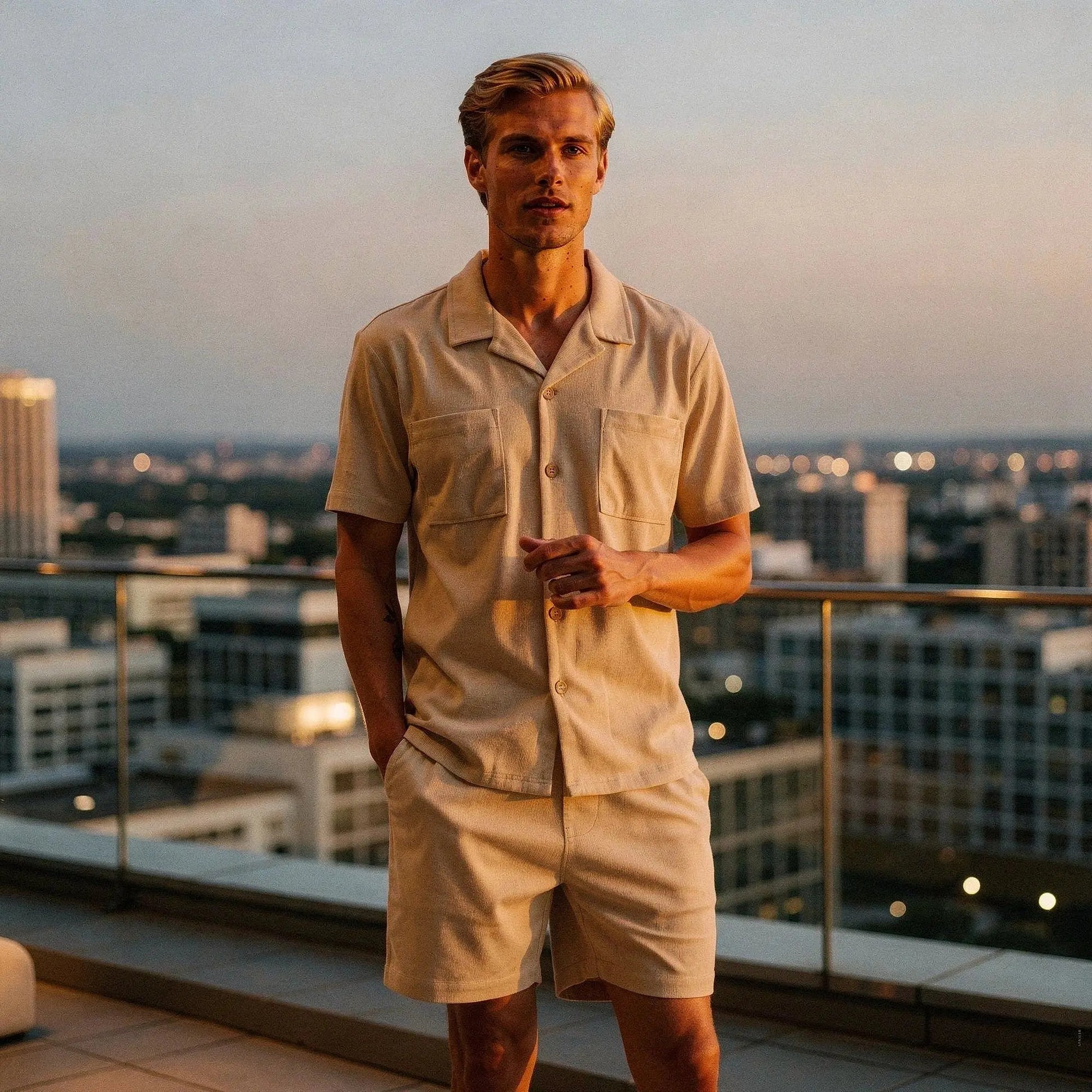 View of a relaxed fit short sleeve camp collar shirt in light blue, featuring a soft fabric and casual style